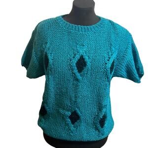 Country Suburbans Hand Knit Teal Black Diamond Short Sleeve Sweater Size Medium